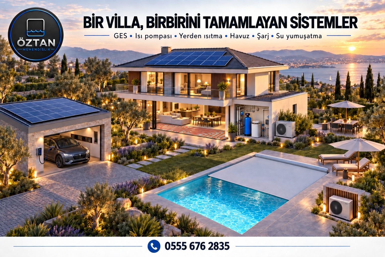 Havuz, güneş enerjisi ve ısıtma sistemlerinin birlikte planlandığı villa konsepti
